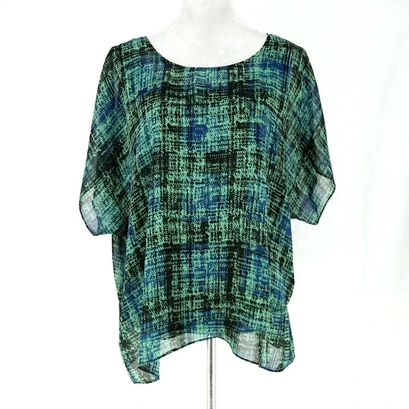 Cabi Top Womens Medium Green Blue Plaid Blouse Sheer Tank Liner attached - Picture 1 of 13